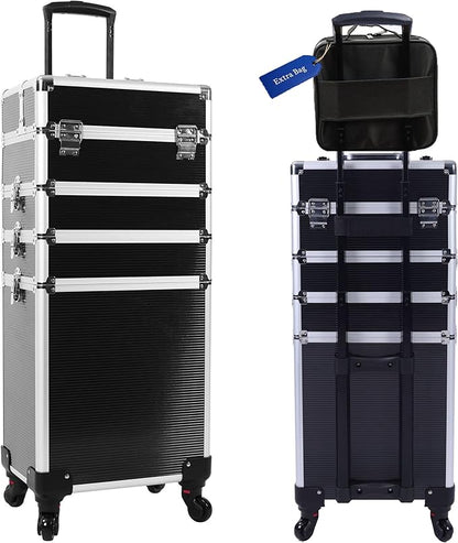 5 in 1 Professional Makeup Train Case Aluminum Cosmetic Case Rolling Makeup Case ExtraLarge Storage Organizer with Key Swivel Wheels Salon Barber Case for Make Up Nail Hairstylists, Black