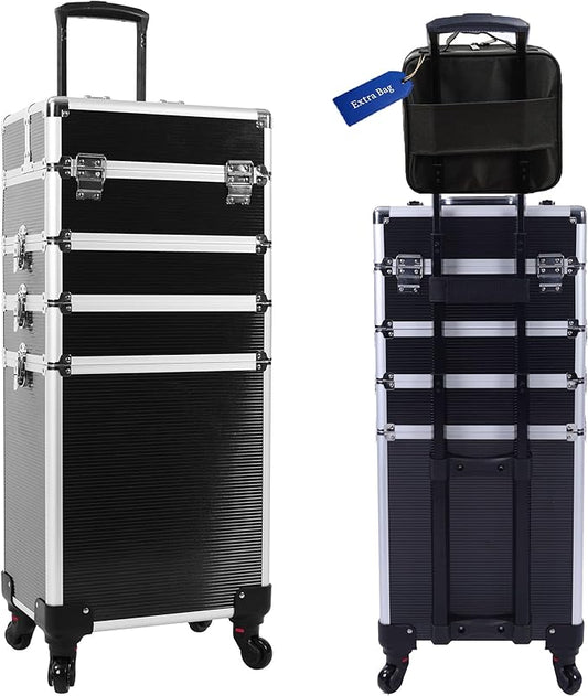5 in 1 Professional Makeup Train Case Aluminum Cosmetic Case Rolling Makeup Case ExtraLarge Storage Organizer with Key Swivel Wheels Salon Barber Case for Make Up Nail Hairstylists, Black