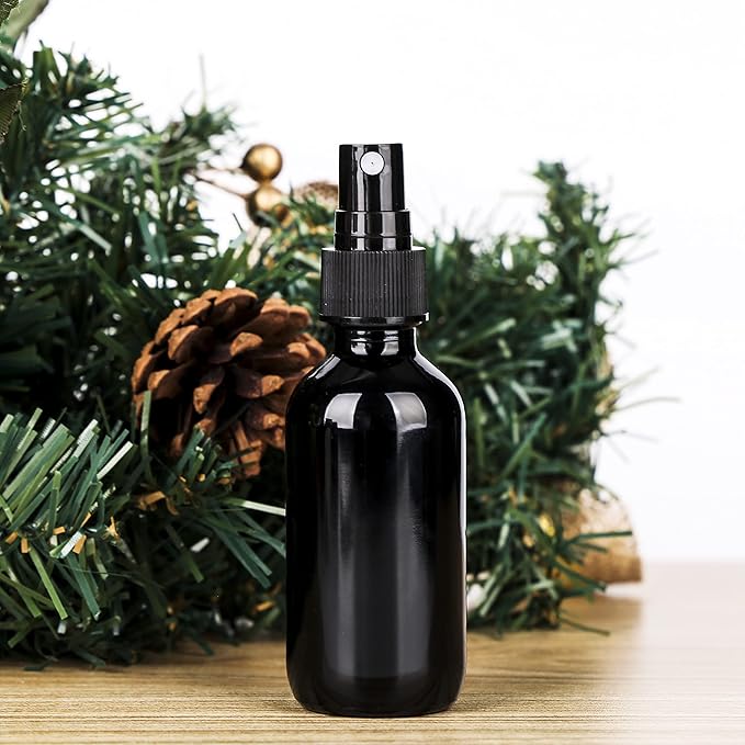 2oz Glass Spray Bottle, Fine Mist Boston Glass Bottles with Black Fine Mist Sprayer Small Clear Bottles for Essential Oils, Bath, Beauty, Hair & Cleaning, UV Black, Pack of 12