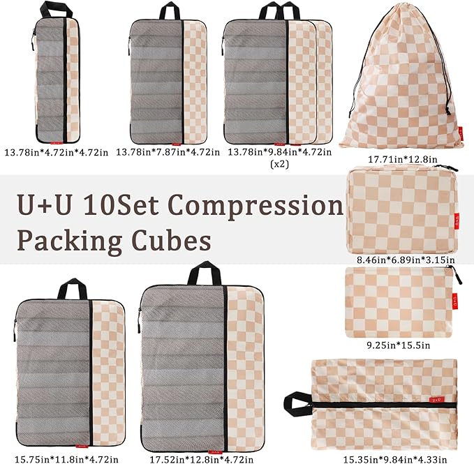 U+U 10 Set Compression Packing Cubes - Ultralight Travel Organizers with Laundry Bag and Cosmetic Bag, Space-Saving Suitcase Organizer for Travel, Business Trip and Family Vacation (Khaki Checkered)