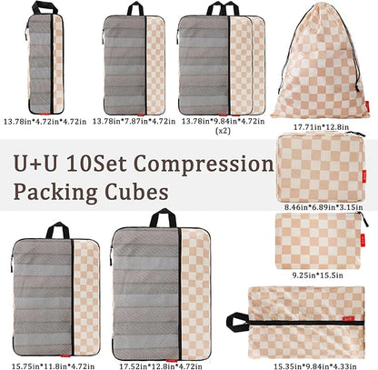 U+U 10 Set Compression Packing Cubes - Ultralight Travel Organizers with Laundry Bag and Cosmetic Bag, Space-Saving Suitcase Organizer for Travel, Business Trip and Family Vacation (Khaki Checkered)