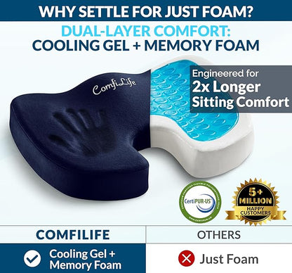 ComfiLife Gel Enhanced Seat Cushion – Office Chair Cushion – Non-Slip Gel & Memory Foam Coccyx Cushion for Tailbone Pain - Desk Chair Car Seat Cushion Driving - Sciatica & Back Pain Relief (Navy)