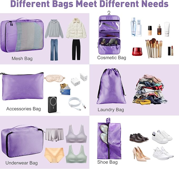 8-Piece Packing Cubes for Travel, Mesh Luggage Organizers with Shoe Bag, Toiletry Bag, Laundry Pouches, 4 Sizes (XL/L/M/S) for Suitcase Organization, Men Women Kids, Purple