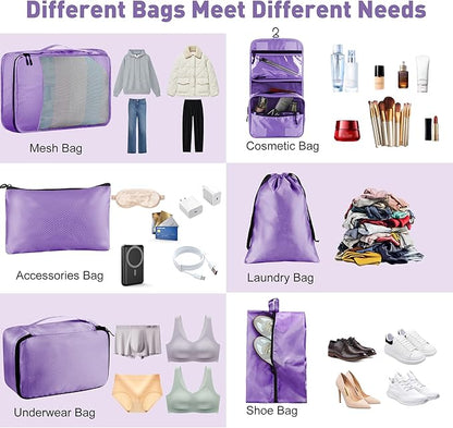 8-Piece Packing Cubes for Travel, Mesh Luggage Organizers with Shoe Bag, Toiletry Bag, Laundry Pouches, 4 Sizes (XL/L/M/S) for Suitcase Organization, Men Women Kids, Purple