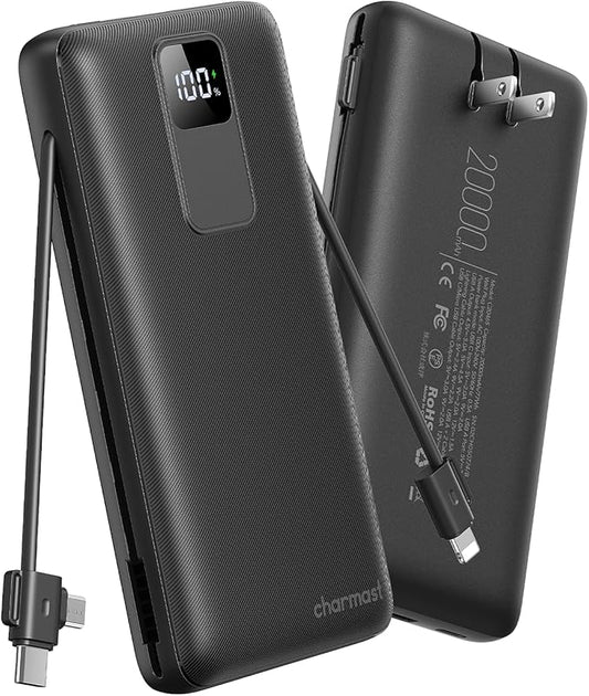 charmast Portable Charger 20000mAh with Wall Plug, Fast Charging Power Bank USB C, 20W PD Battery Pack with Built-in Cables Travel Essential for iPhone 16/15/14, Samsung, iPad More Devices (Black)