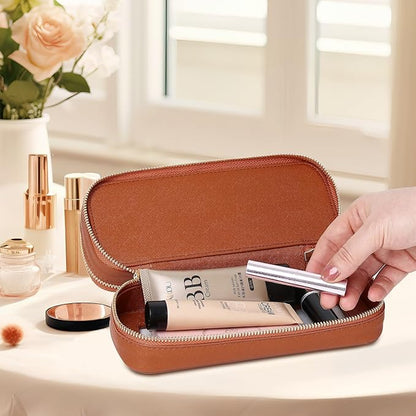 Pinkmik Double Layer Makeup Bag Makeup Brush Case Waterproof Travel Cosmetic & Toiletry Bag Purse Organizer and Car Essentials for Women (X/Brown, Double SLIM)