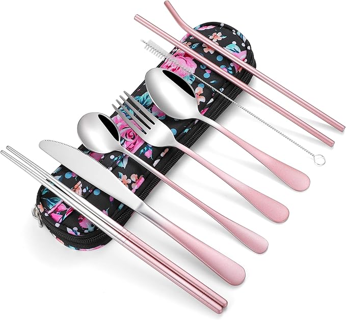 Travel Utensils,Reusable Silverware Set To Go Portable Cutlery Set with a Waterproof Carrying Case for Lunch Boxes Workplace Camping Picnic (GraPink)