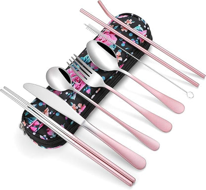 Travel Utensils,Reusable Silverware Set To Go Portable Cutlery Set with a Waterproof Carrying Case for Lunch Boxes Workplace Camping Picnic (GraPink)