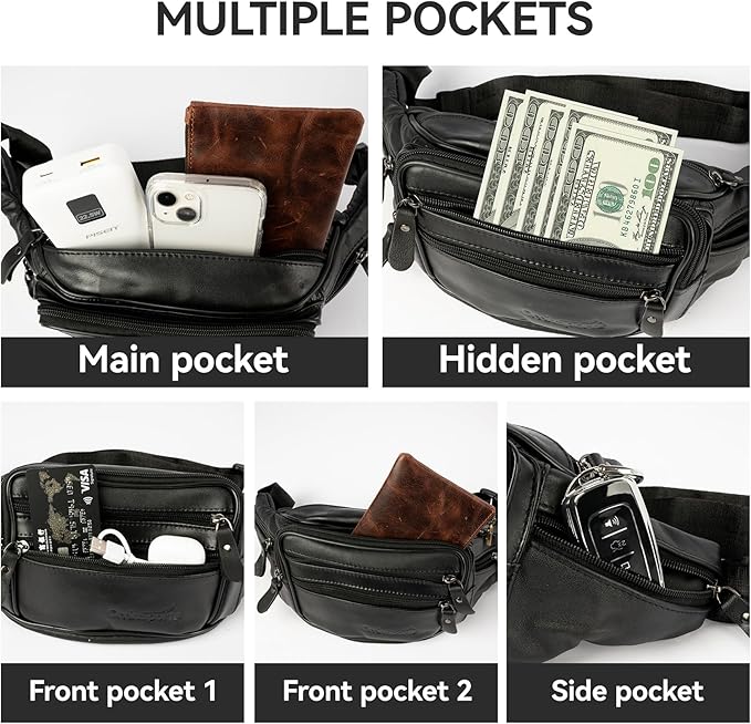 Leather Fanny Pack for Men Women,Genuine Leather Waist Belt Bag with Adjustable Strap Belt Hip Bag with Multi-Pockets for Travel Sports Running Cycling Hiking