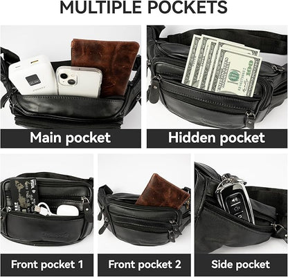 Leather Fanny Pack for Men Women,Genuine Leather Waist Belt Bag with Adjustable Strap Belt Hip Bag with Multi-Pockets for Travel Sports Running Cycling Hiking