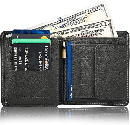 Hum & Hide Full-Grain Leather Wallet for Men – RFID Blocking Slim Bifold, Genuine Cowhide with 8 Card Slots, Coin Pocket & ID Window, Minimalist Leather Gift Wallet (Grey)