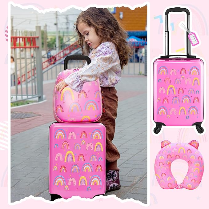 Sanwuta 4 Pcs Kids Luggage Set Backpack Travel Rolling Suitcase U-shape Pillow Christmas Children Gift for Girls Boys(17 Inch,Rainbow Style,Pink)