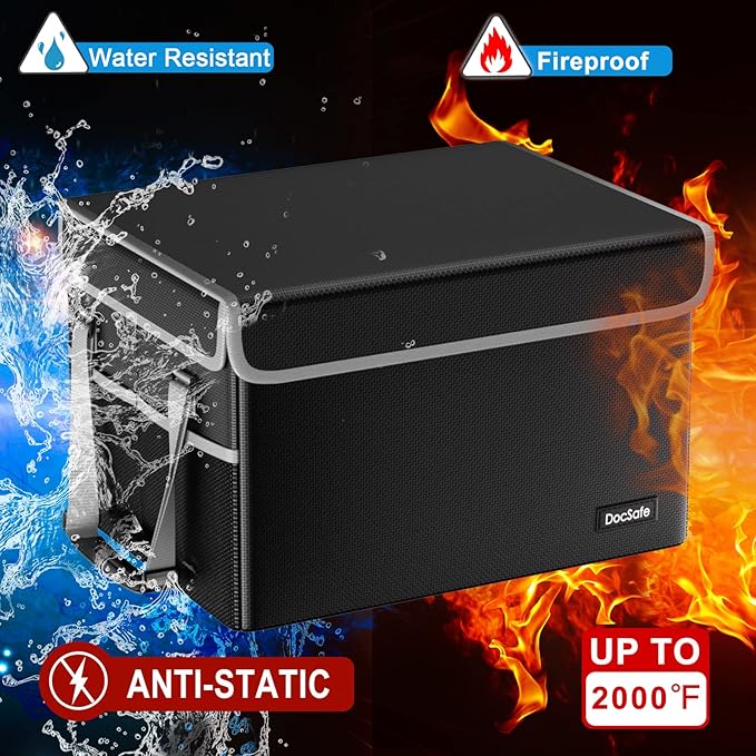 DocSafe File Box Fireproof File Storage Organizer with Lid,Collapsible Document Storage Filing Case for Hanging Letter/Legal Folders,Portable Home Office Safe Cabinet with Handle,Black,2 Pack