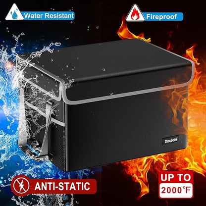 DocSafe File Box Fireproof File Storage Organizer with Lid,Collapsible Document Storage Filing Case for Hanging Letter/Legal Folders,Portable Home Office Safe Cabinet with Handle,Black