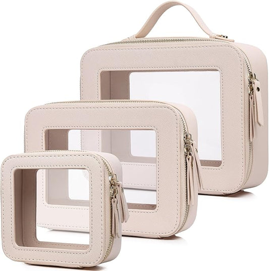 Pinkmik Clear Makeup Bag Waterproof Travel Case for Cosmetics and Toiletries Women's Purse Organizer and Clear Car Bag with Zipper (Beige, L+M+MINI)