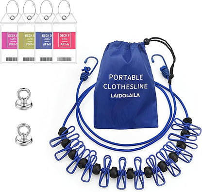 Magnetic Retractable Clothes Line for Cabin - Approved 2025 Cruise Essentials Clothes Drying Rack Travel Clothesline with Clothespins -4 Luggage Tags Strong Magnets Hooks (Blue)