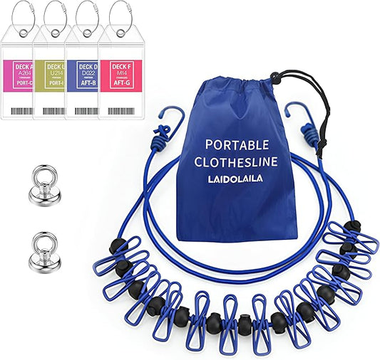 Magnetic Retractable Clothes Line for Cabin - Approved 2025 Cruise Essentials Clothes Drying Rack Travel Clothesline with Clothespins -4 Luggage Tags Strong Magnets Hooks (Blue)