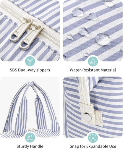 Narwey Travel Toiletry Bag, Wide-open Large Toiletry Bags for Traveling Women, Checkered Travel Bag for Toiletries Cosmetic Makeup Bag Organizer, Skincare Make Up Bag (Greyish Blue Stripe)