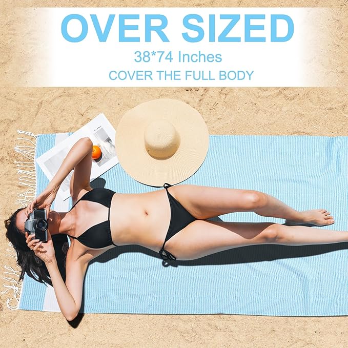 Genovega 6 Oversized Turkish Beach Bath Towel Set Bulk 74"x38" Extra Large Sand Free Quick Dry Swim Camping Pool Clearance Towels Blanket Essentials Adult Multi LightBlue Dot