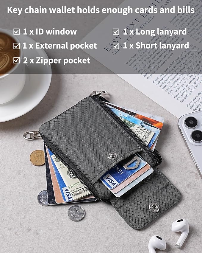 Minimalist Wallet For Mens Womens, Keychain RFID Blocking Zipper Small Wallet with ID Window 2 Lanyards,Water Resistant Travel Cash Card Coin Case Boys Girls