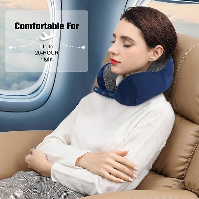 Neck Pillow for Traveling, Travel Pillows for Airplanes,100% Pure Memory Foam Travel Neck Pillow, Adjustable Flight Pillow, Portable Plane Accessories with Eye Mask, Earplugs, Carry Bag