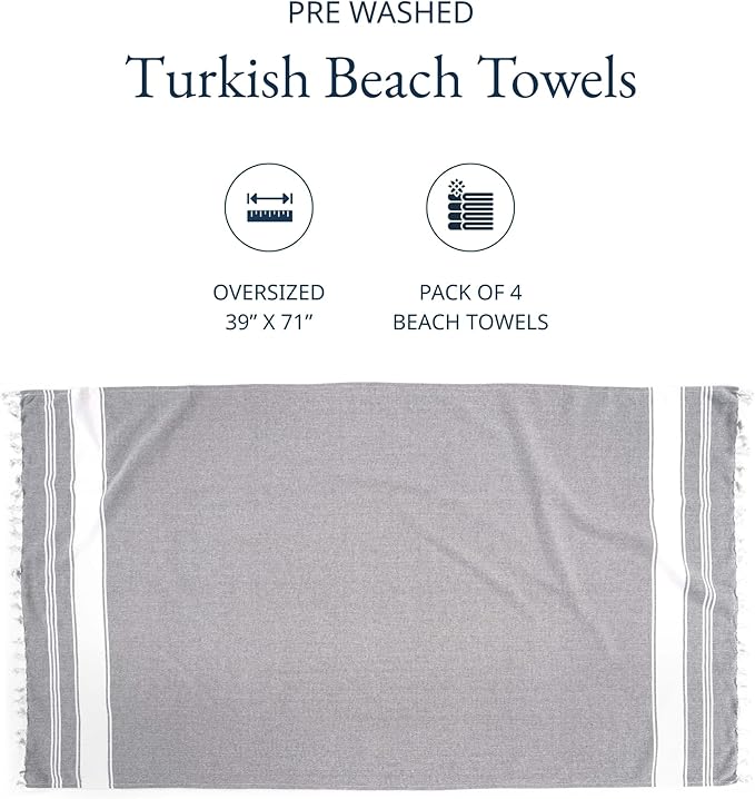 LANE LINEN Turkish Beach Towels Set of 4 - Oversized Beach Towel 39"x71", Durable Sand Proof Towel, Absorbent & Quick Dry, Perfect for Pool or Travel – Alloy