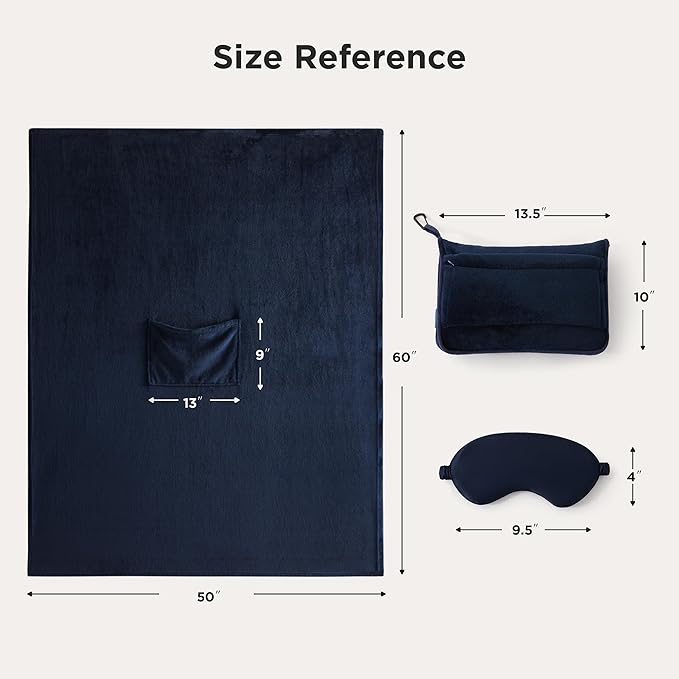 Bedsure Travel Blanket Airplane Compact with Storage Bag, Packable Blanket with Eye Mask, Lightweight 2-in-1 Travel Essentials, Functioned as Pillow for Airplane Comfort and Warmth, Navy