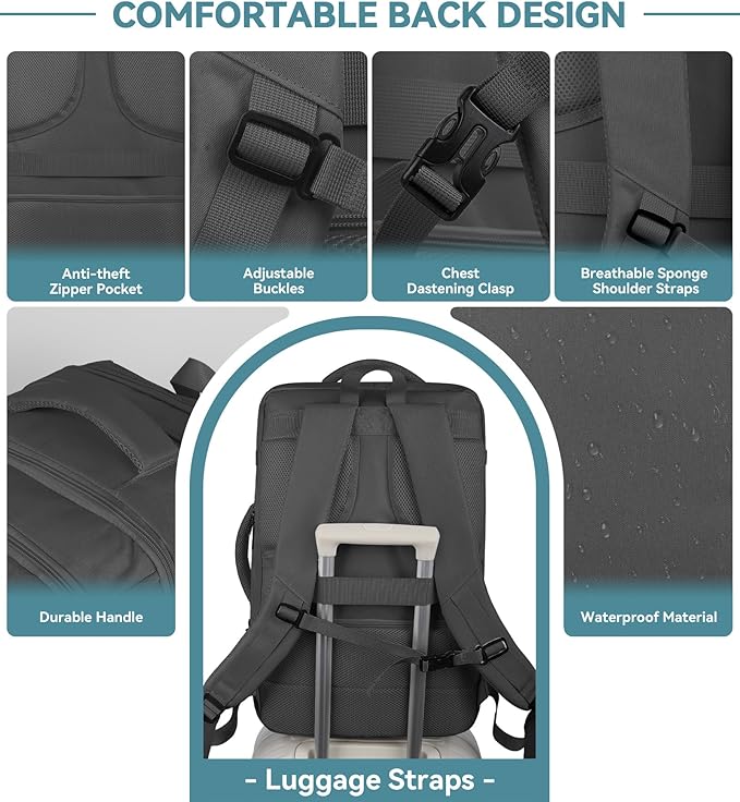 Travel Backpack, 50L Expandable Extra Large Laptop Backpack, Carry On Backpack Water Resistant Business Suitcase Daypack Bag Fits 17 Inch Laptops, Travel Gifts for Men Women, Black