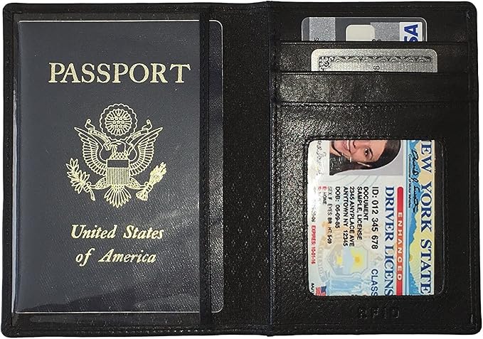 Personalized Monogrammed Black Leather RFID Passport Wallet and Luggage Tag