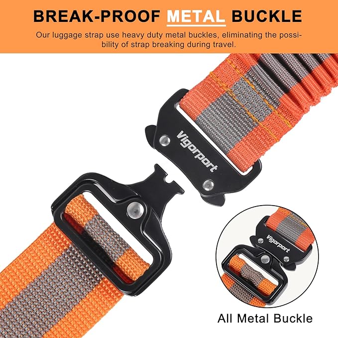 Vigorport Luggage Straps for Suitcases 2 Pack, Heavy Duty Metal Buckle Luggage Belt Strap, TSA Approved Suitcase Belt, Stretchable Travel Strap for Luggage (Orange, 72''L & 79''L)