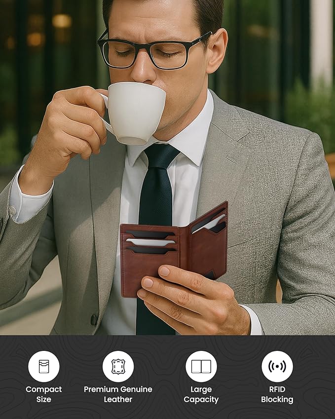 typecase Leather Wallet for Men Card Holder: Premium Genuine Leather, RFID Blocking, Slim, Minimalist, Front Pocket - 15 Cards Capacity | ID Window | Money Clip (Brown)