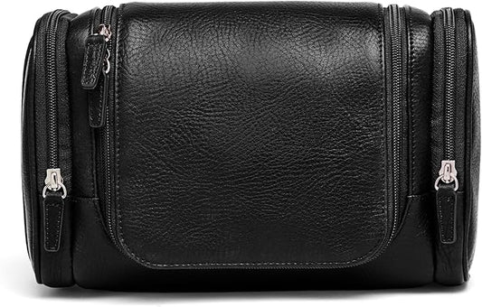 Leatherology Premium Ebony Small Hanging Toiletry Kit – Compact Leather Travel Organizer with Interior Zip Pockets, Mesh Pouches & Hanger | Full-Grain Leather Toiletry Bag for Men & Women
