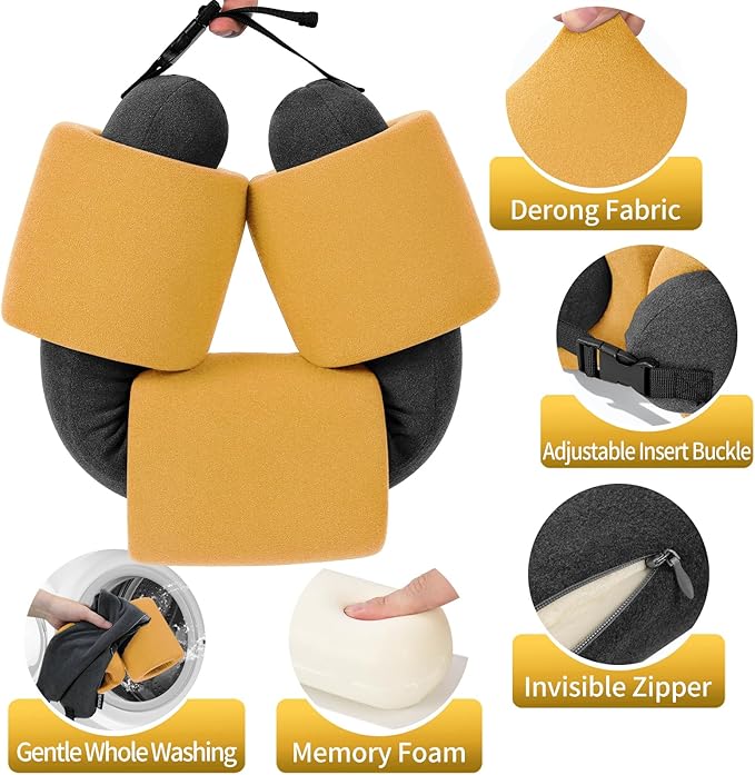 3-Ring Memory Foam Travel Neck Pillow It has obtained a Patent. The Three Rings can be movably Adjusted to Provide Flexible Support for The Neck, Head, and Other Areas.Yellow