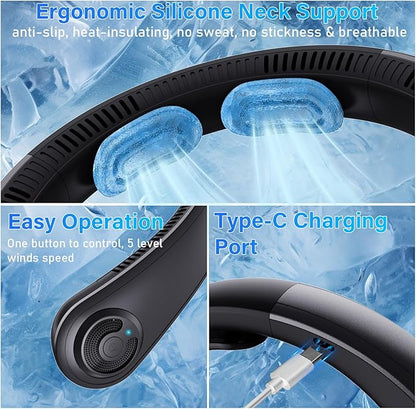 Neck Fan - Portable Neck Fan with Neck Support, 5 Speeds, All Around Airflow, Hand-free Bladeless Personal Cooling Fans, Rechargeable Wearable Fan for Outdoor and Indoor, Festival Gifts for Men Women