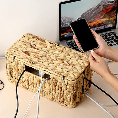 BTSKY Woven Cable Management Box with Lid, Water Hyacinth Cord Organizer for Desk, Cable Organizer Box with 2-Open Slots to Hide Power Strips USB Hubs for Home & Office, Pet Proofing Cord Basket, L