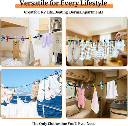 Travel Clothesline Retractable Portable Clothesline with 12 Clips Portable Elastic Camping Clothes Line with Anti-Slip Beads & Stainless Hooks for Hotel, RV, Boat, Outdoor Use (2 Pack)