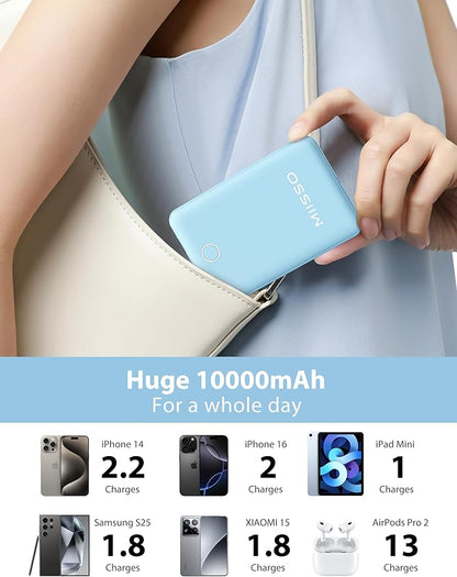 10000mAh Compatible with iPhone 15/16/17 and Android, Slim Portable Charger with Built in Cable, Power Bank Travel Charger External Battery Pack for Phone, 3 Output USB Type C Cord, Blue