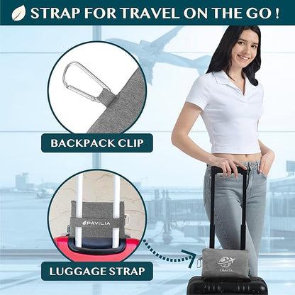 PAVILIA Soft Travel Blanket, Compact Airplane Blanket in Bag, Portable Blanket Pillow Set, Lightweight and Packable Plane Flight Car Trips Travel Home Office Gift Accessories, Gray, 65x40 inches