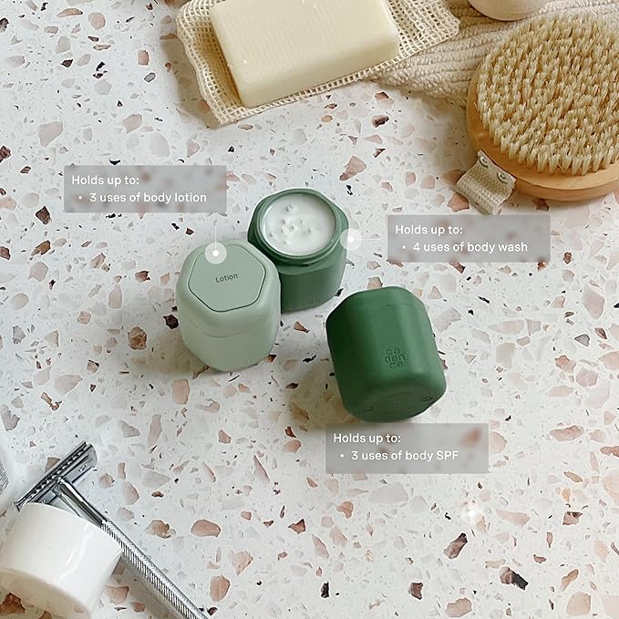Cadence Travel Containers - Body Care Capsule Set - Magnetic Containers with Lids,Carry On Travel Essentials for Women/Men - 3 Flex Mediums (1.32oz) - Body Wash, Lotion & Sun Icon Labels - Evergreen