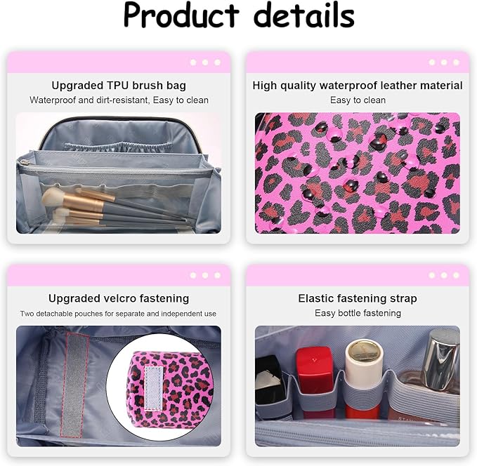 BOYATU Travel Makeup Bag for Women: 3 Pcs Set Portable Make up Bags with Handle - Leopard Print Cosmetic Bags with Comparments - Waterproof Vegan Leather Toiletry Bag (A-1-Red)