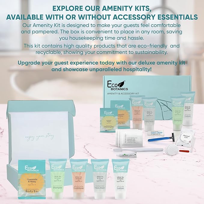 Eco Botanics Amenity & Accessory Kit | 0.85 oz Travel Size Shampoo, Conditioner, Lotion, Body Wash, Body Bar, Cleansing Bar, Shave & Dental Sets, Make-Up Remover Wipes, & Vanity Kit | 15 sets per case