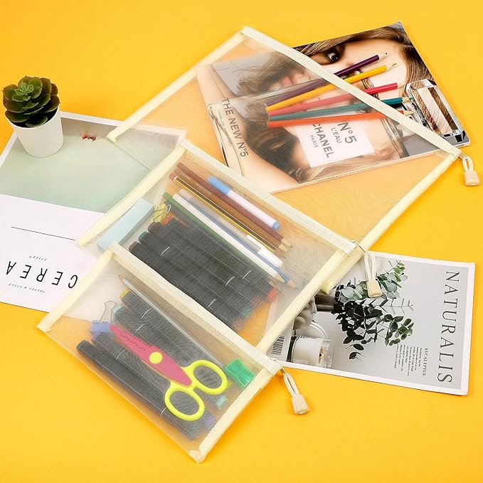 12 Pieces Zipper Nylon Mesh Pouch, Mesh Cosmetic Bags Makeup Bags Pencil Case, Multipurpose Travel Bags for Cosmetic School Office Supplies and Travel Accessories (Beige, Assorted Sizes)