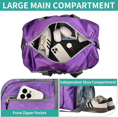 Dimayar Travel Duffle Bag for Men Women - Foldable Duffel Bag with Shoes Compartment - Overnight Bags Waterproof & Tear Resistant(40L,Purple)