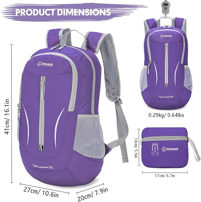 ZOMAKE Ultra Lightweight Packable Backpack 25L, Foldable Hiking Backpacks Water Resistant Small Folding Daypack for Travel(Purple)