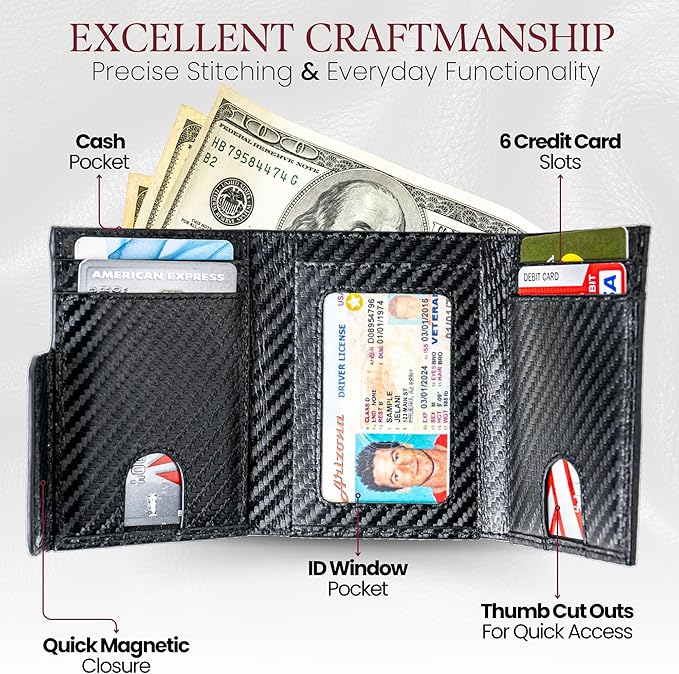 BULL GUARD Trifold RFID Blocking Front Pocket Wallet for Men, Secured Card Slots & Coin Pocket with Magnetic Closure, Durable & Modern Leather Design in Carbon Black Ridge