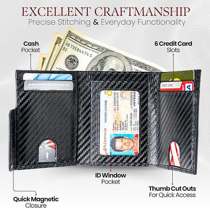 BULL GUARD Trifold RFID Blocking Front Pocket Wallet for Men, Secured Card Slots & Coin Pocket with Magnetic Closure, Durable & Modern Leather Design in Carbon Black Ridge