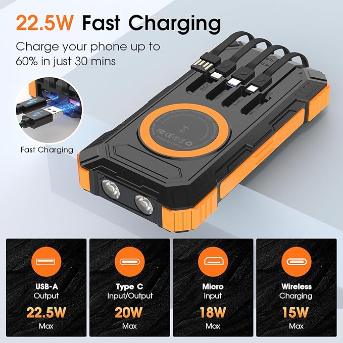 Solar Power Bank,49800mAh Wireless Portable Phone Charger with Built-in 4 Cables,22.5W Fast Charging External Battery Pack PD 3.0 USB-C In/Output for iPhone,iPad,Android,Perfect for Camping, Hiking