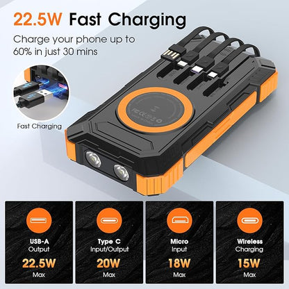 Solar Power Bank,49800mAh Wireless Portable Phone Charger with Built-in 4 Cables,22.5W Fast Charging External Battery Pack PD 3.0 USB-C In/Output for iPhone,iPad,Android,Perfect for Camping, Hiking