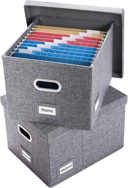 PRANDOM File Organizer Box - Set of 2 Collapsible Decorative Linen Filing Storage Hanging File Folders with Lids Office Cabinet Letter/Legal Size Grey (17x14x11.2 inch)