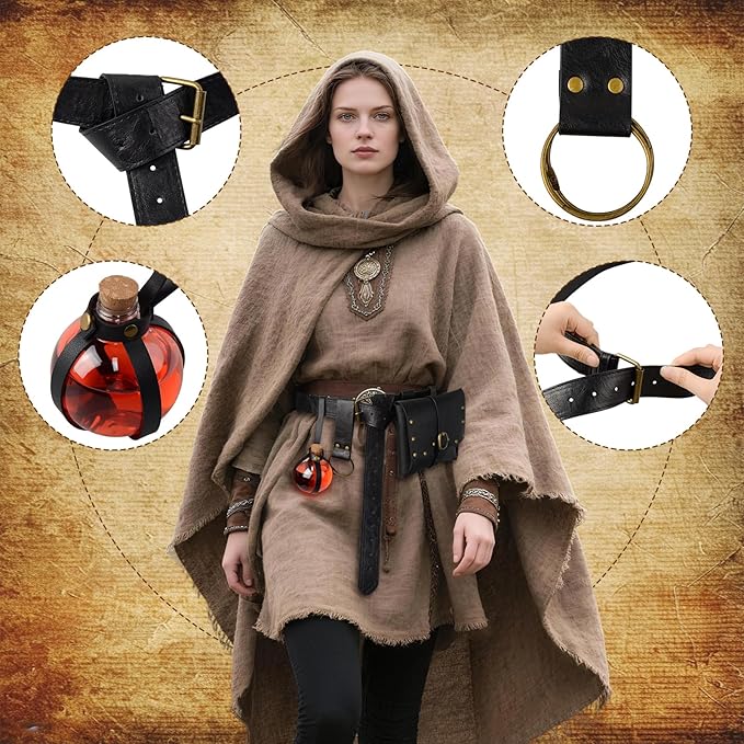 Renaissance Belt Pouch Viking Leather Medieval Belt Waist Bag Pirate Cosplay Festival Halloween Adjustable Accessories (Bottles-Black)